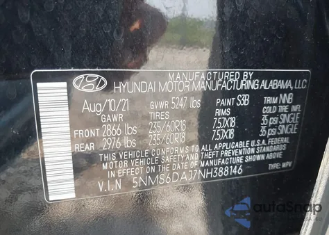 2022 Hyundai Santa Fe Sel из США, поврежденный, VIN 5NMS6DAJ7NH388146